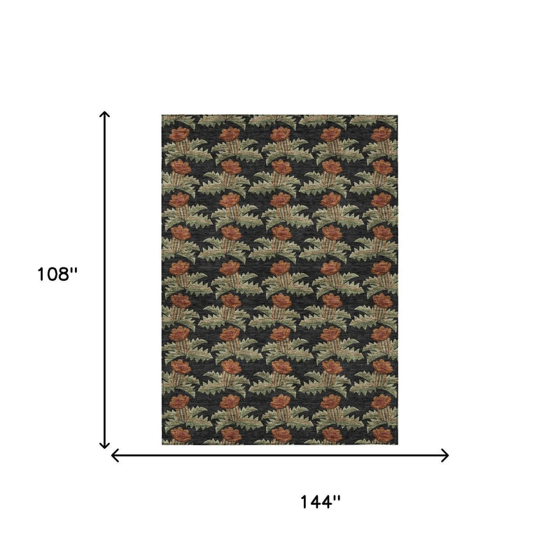 9' X 12' Black And Green Floral Washable Indoor Outdoor Area Rug Homeroots Outdoor