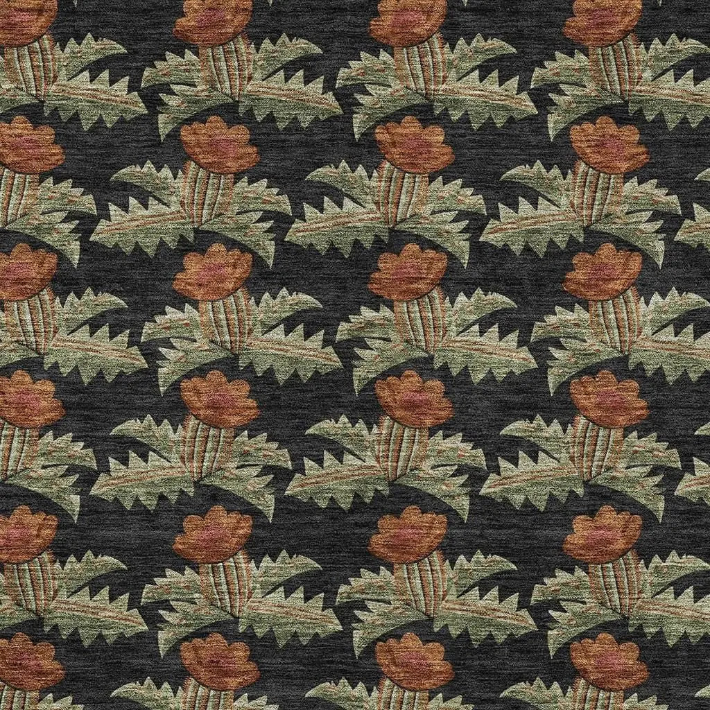 9' X 12' Black And Green Floral Washable Indoor Outdoor Area Rug Homeroots Outdoor