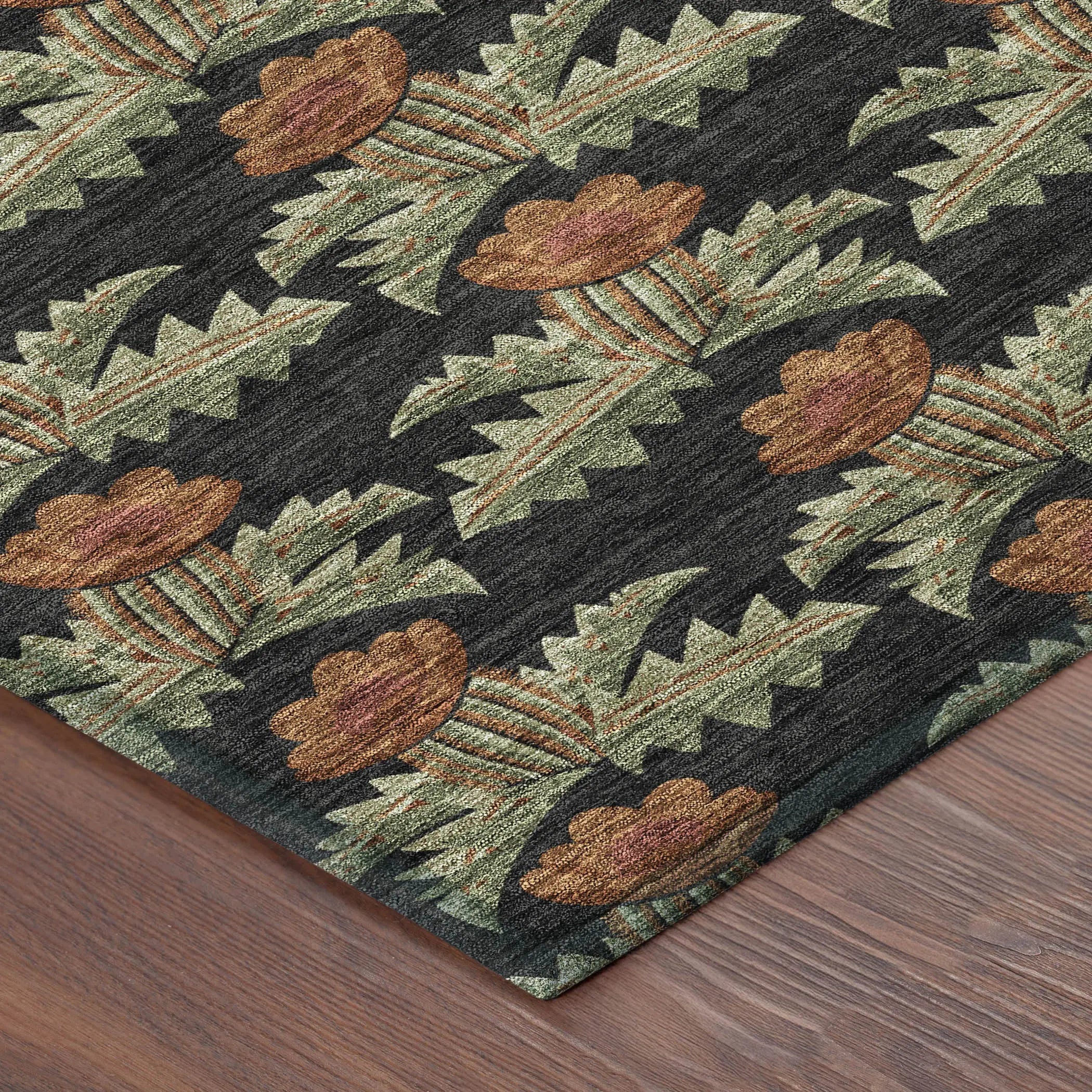 9' X 12' Black And Green Floral Washable Indoor Outdoor Area Rug Homeroots Outdoor