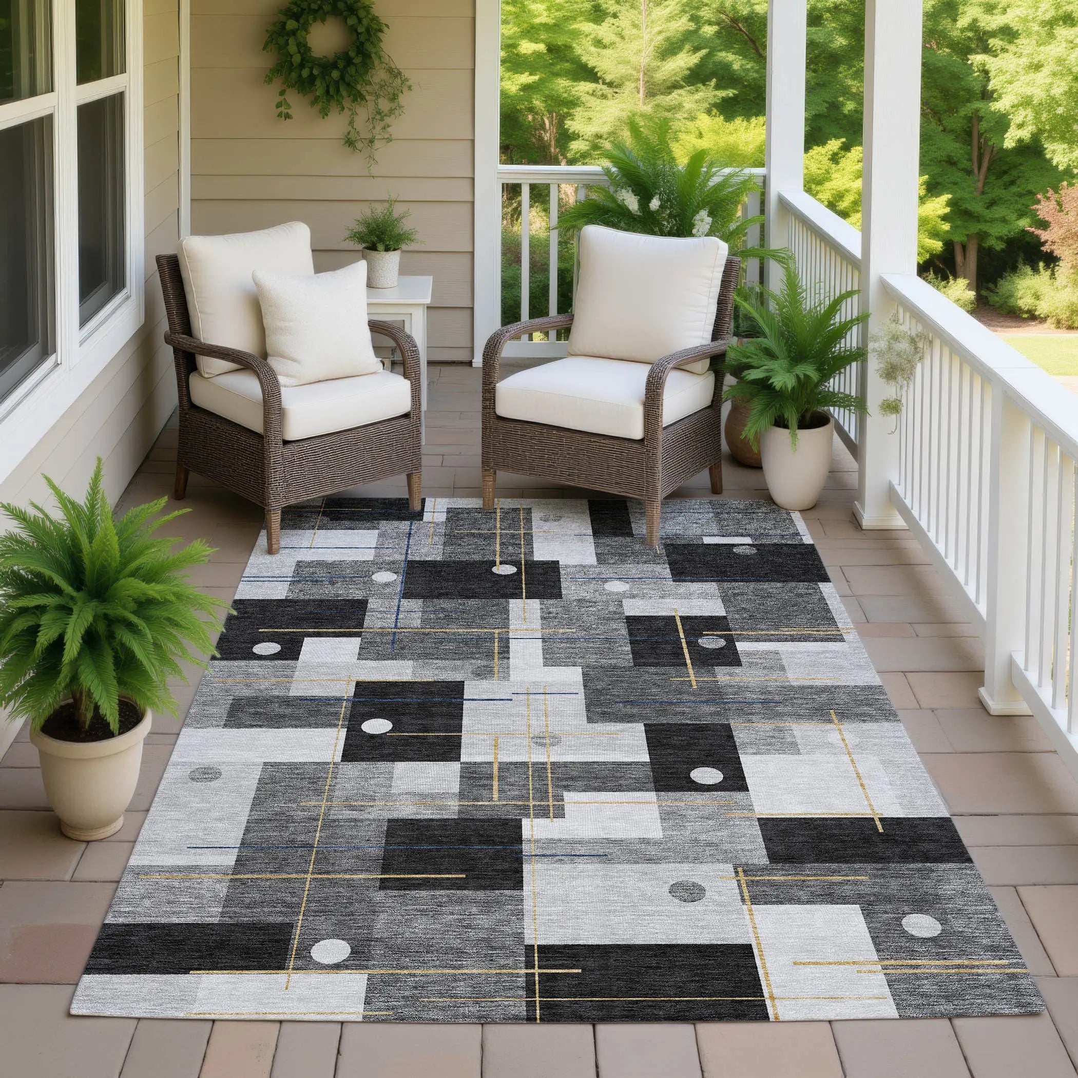 9' X 12' Black And Green Geometric Washable Indoor Outdoor Area Rug Homeroots Outdoor