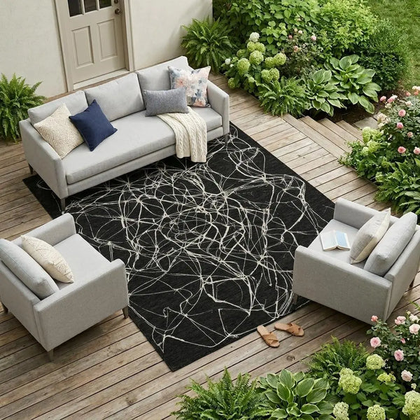 9' X 12' Black And Ivory Abstract Washable Indoor Outdoor Area Rug Homeroots Outdoor