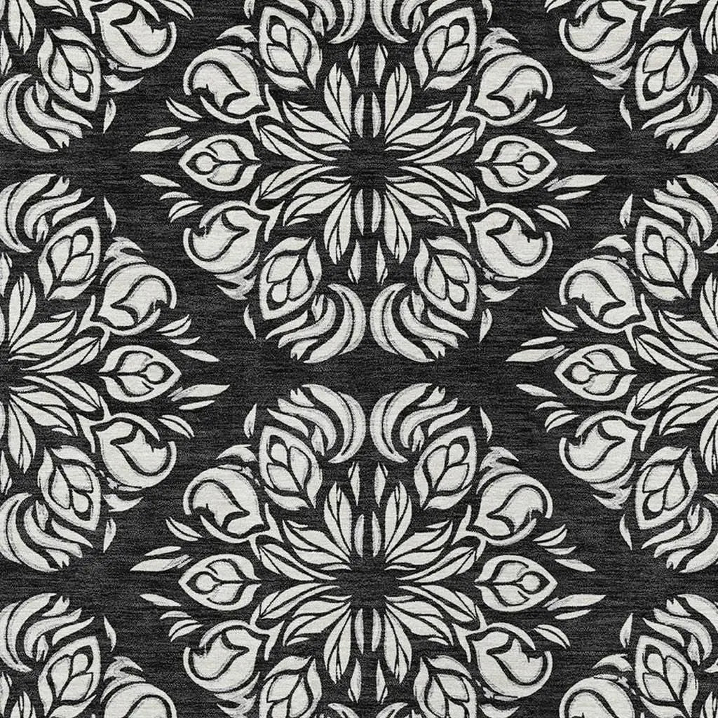 9' X 12' Black And Ivory Damask Washable Indoor Outdoor Area Rug Homeroots Outdoor
