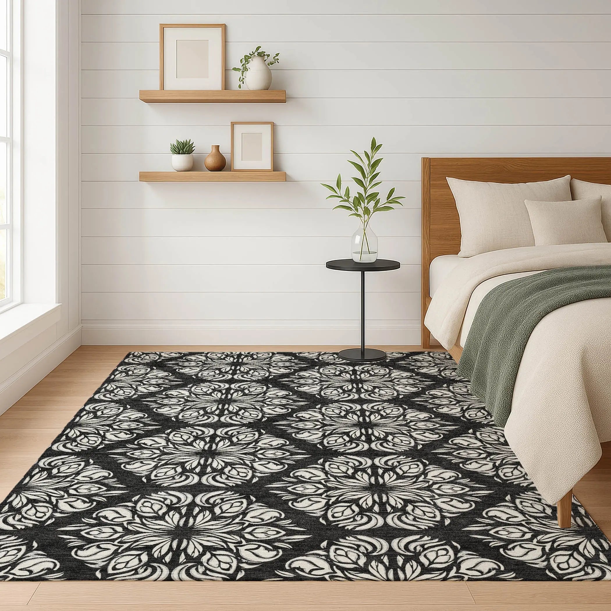 9' X 12' Black And Ivory Damask Washable Indoor Outdoor Area Rug Homeroots Outdoor