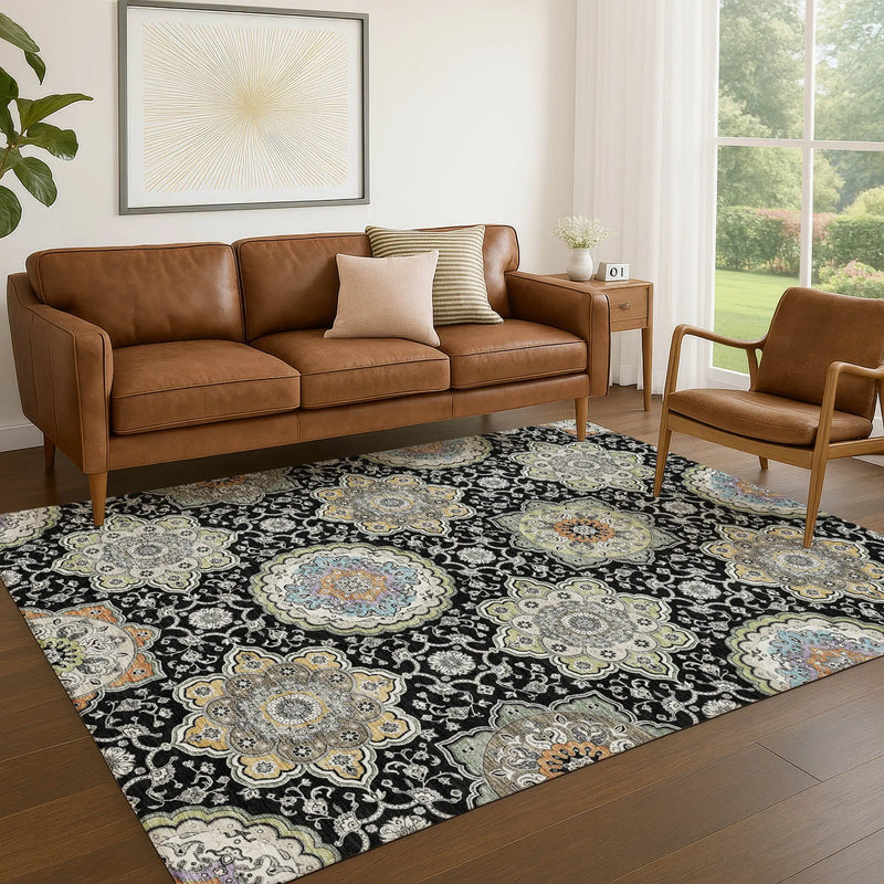9' X 12' Black And Ivory Floral Medallion Washable Indoor Outdoor Area Rug Homeroots Outdoor