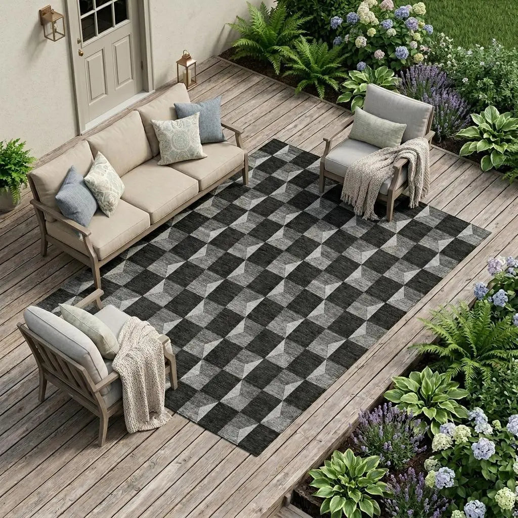 9' X 12' Black And Ivory Geometric Washable Indoor Outdoor Area Rug Homeroots Outdoor