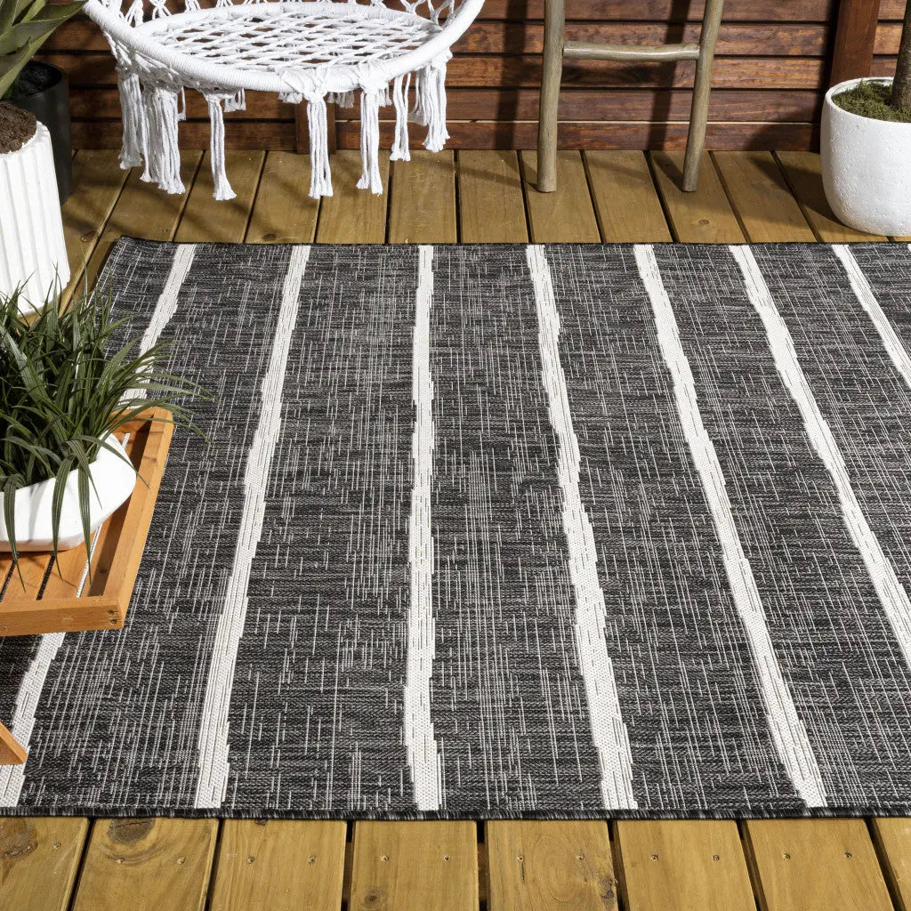 9' X 12' Black And Ivory Striped Indoor Outdoor Area Rug Homeroots Outdoor