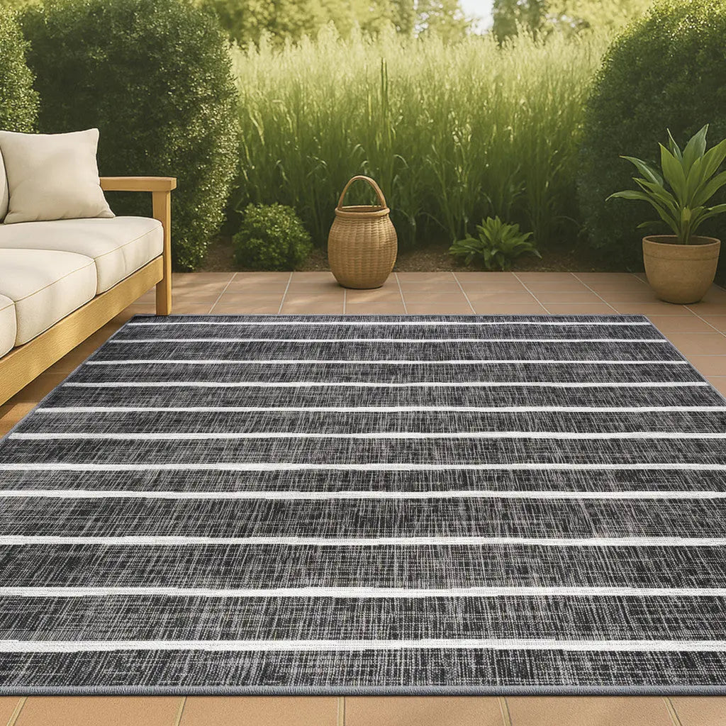 9' X 12' Black And Ivory Striped Indoor Outdoor Area Rug Homeroots Outdoor
