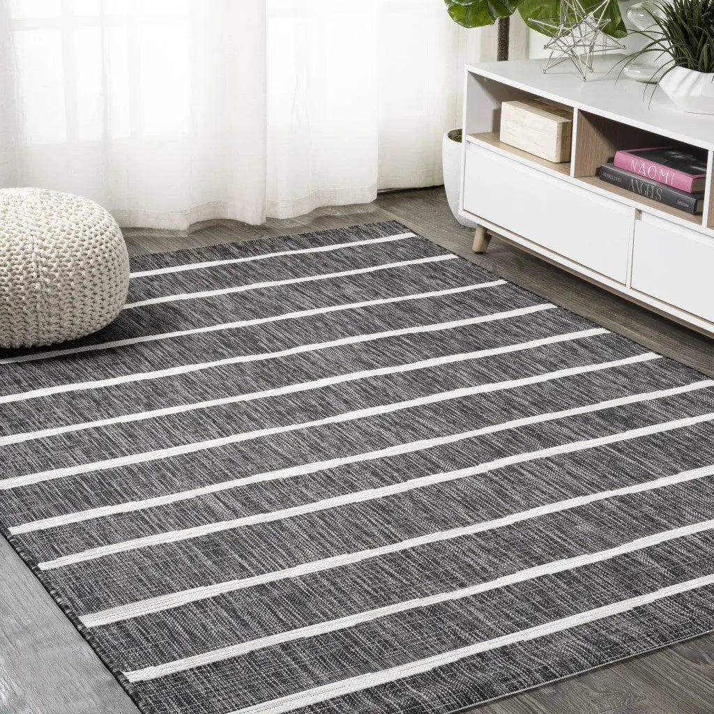 9' X 12' Black And Ivory Striped Indoor Outdoor Area Rug Homeroots Outdoor