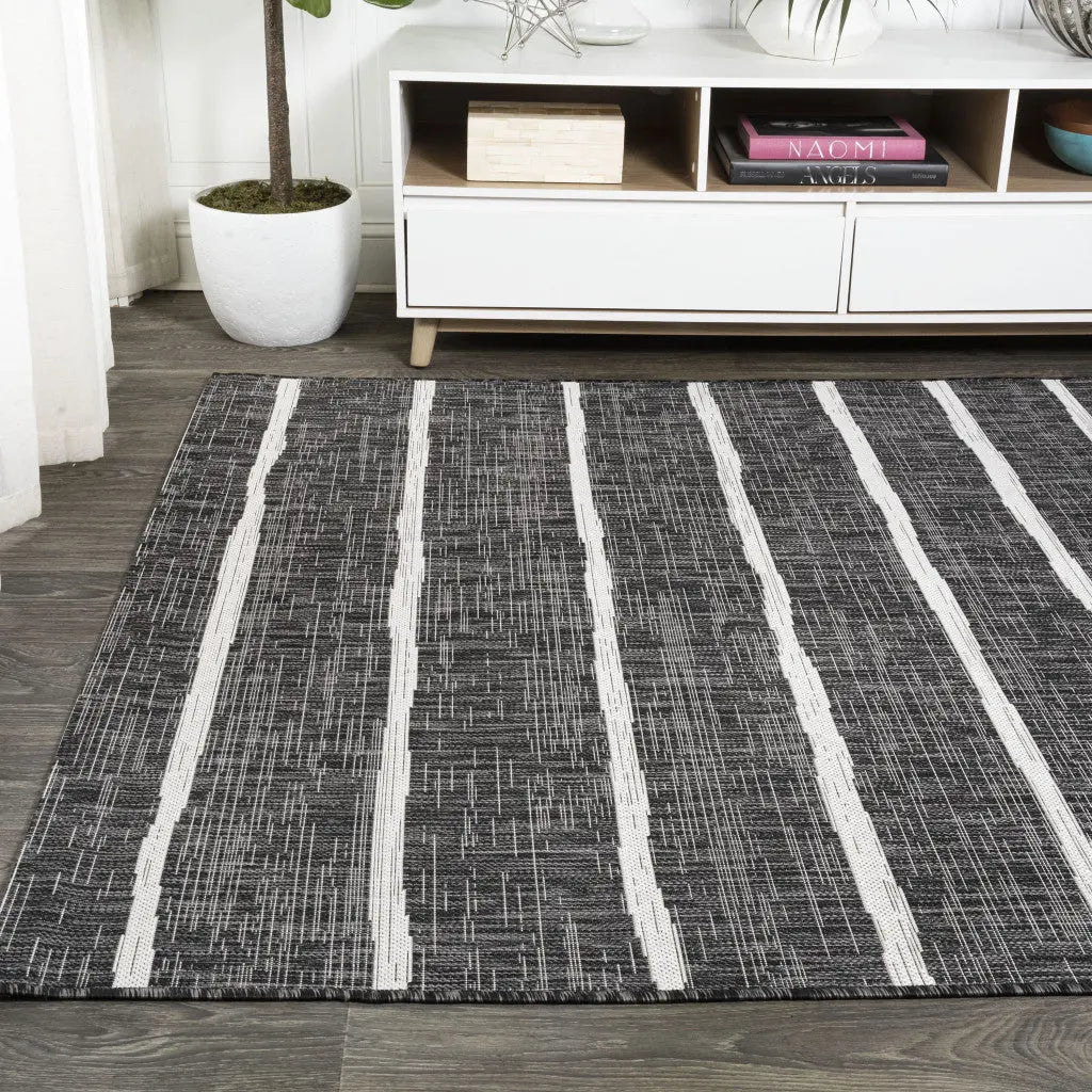 9' X 12' Black And Ivory Striped Indoor Outdoor Area Rug Homeroots Outdoor