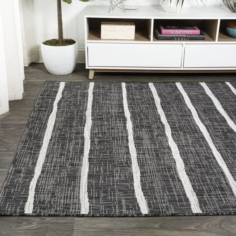 9' X 12' Black And Ivory Striped Indoor Outdoor Area Rug Homeroots Outdoor