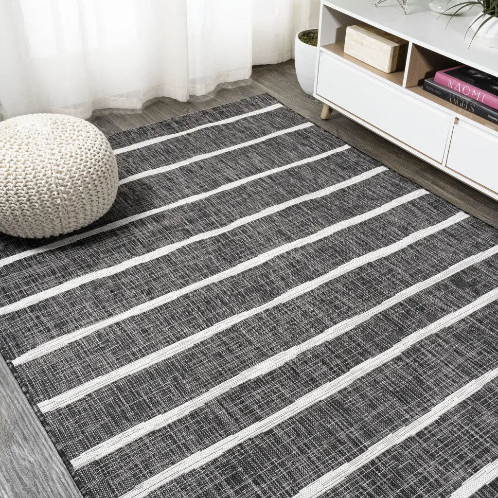 9' X 12' Black And Ivory Striped Indoor Outdoor Area Rug Homeroots Outdoor
