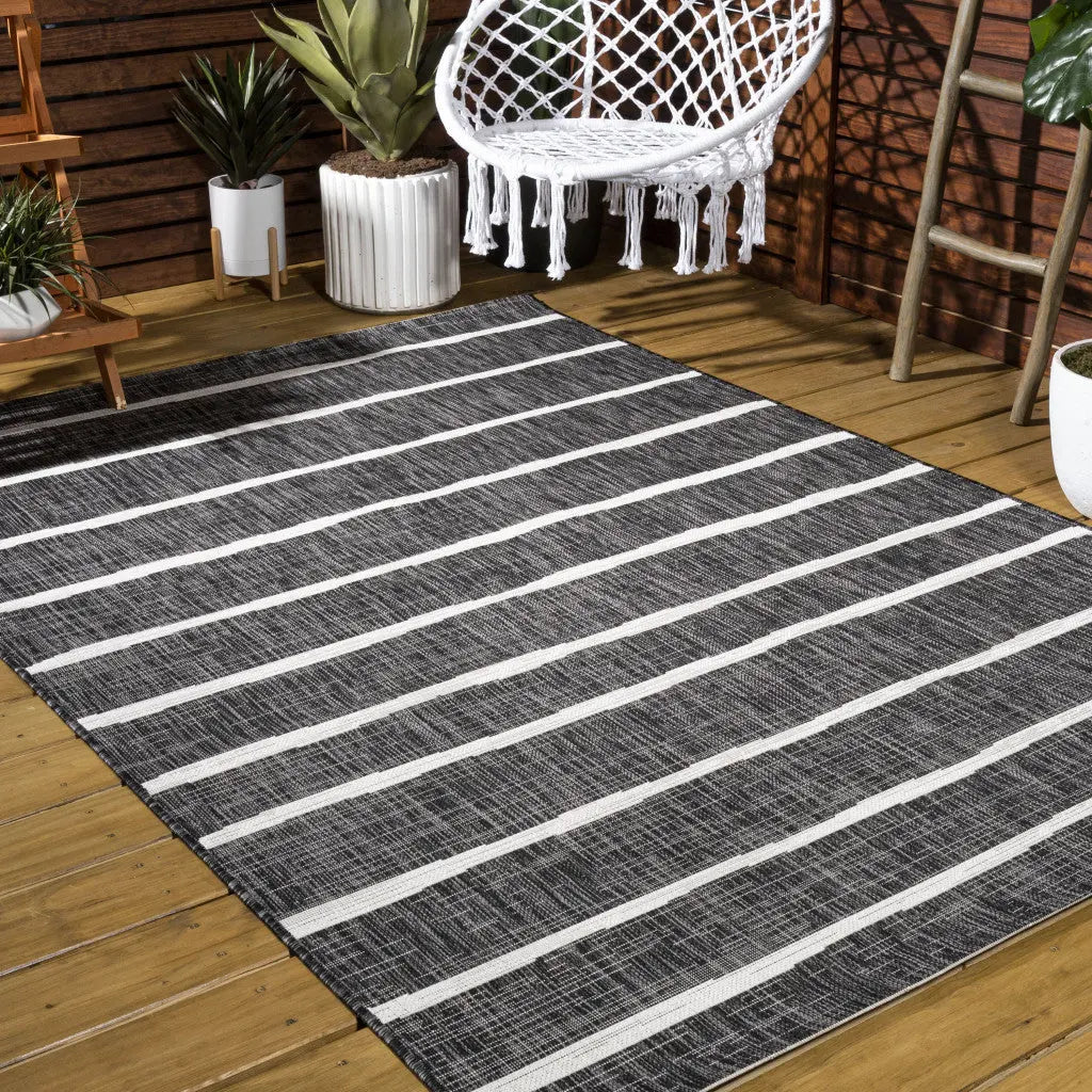 9' X 12' Black And Ivory Striped Indoor Outdoor Area Rug Homeroots Outdoor