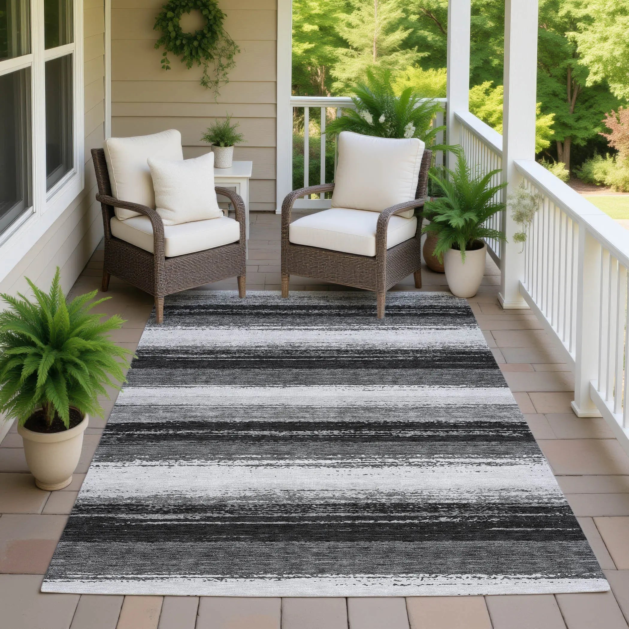 9' X 12' Black And Khaki Striped Washable Indoor Outdoor Area Rug Homeroots Outdoor