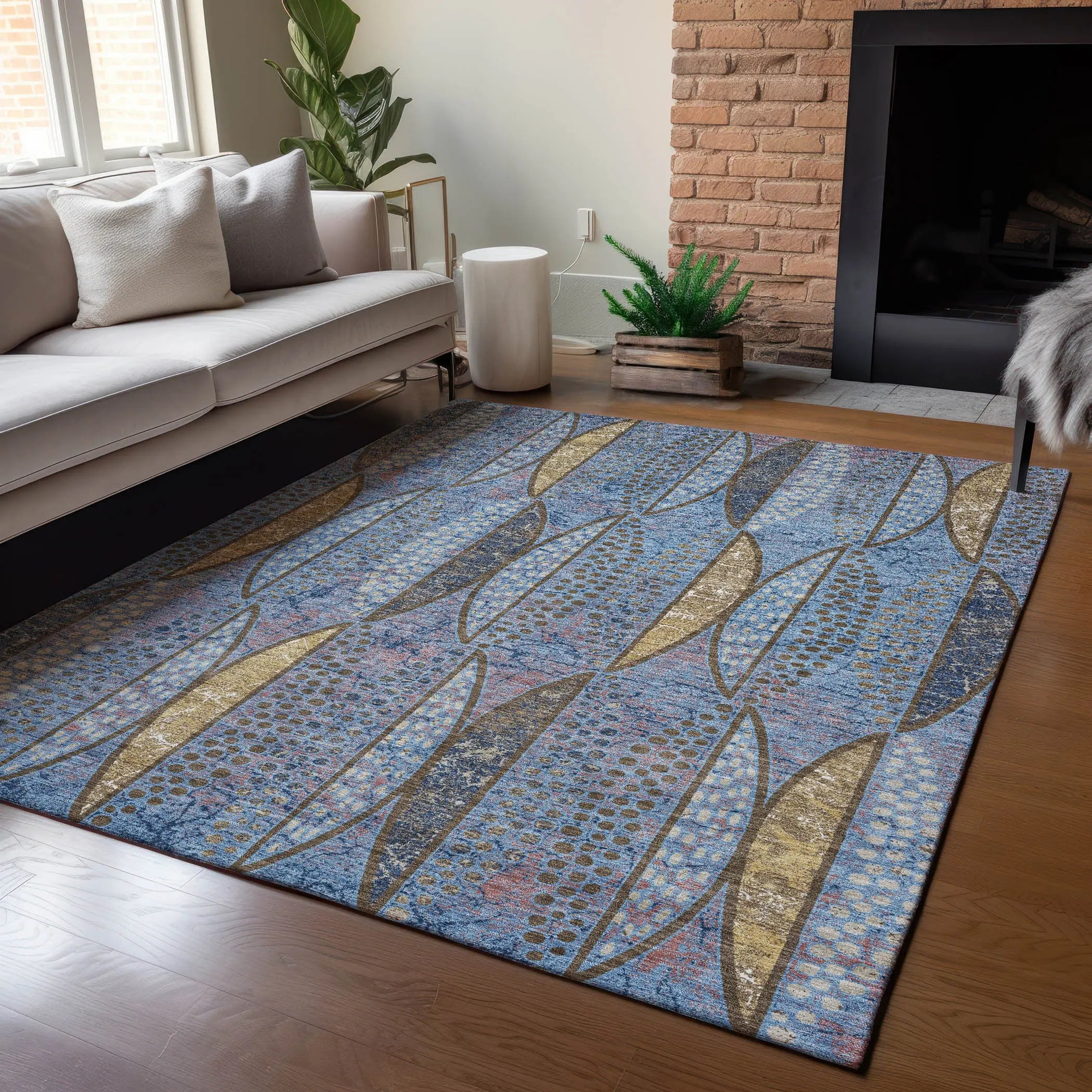 9' X 12' Blue And Brown Geometric Washable Indoor Outdoor Area Rug Homeroots Outdoor
