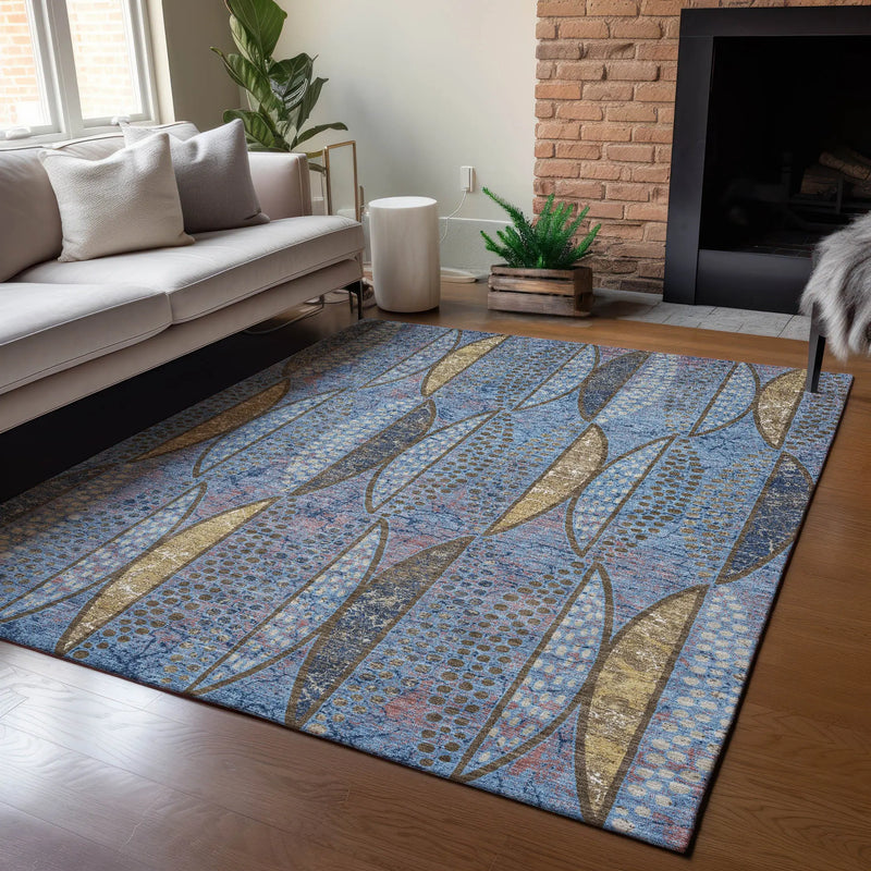 9' X 12' Blue And Brown Geometric Washable Indoor Outdoor Area Rug Homeroots Outdoor