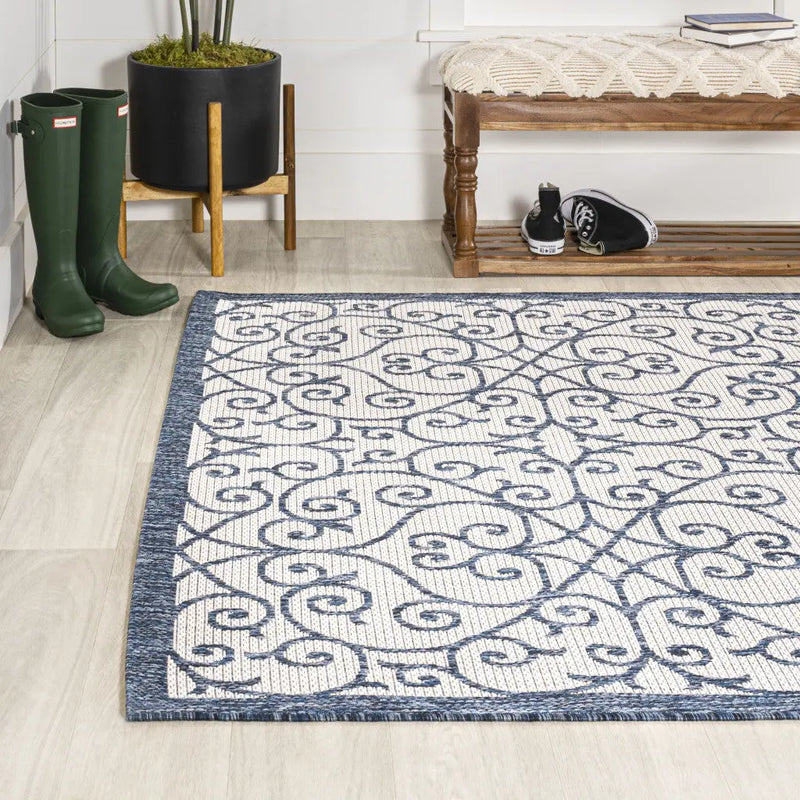 9' X 12' Blue And Cream Geometric Indoor Outdoor Area Rug Homeroots Outdoor