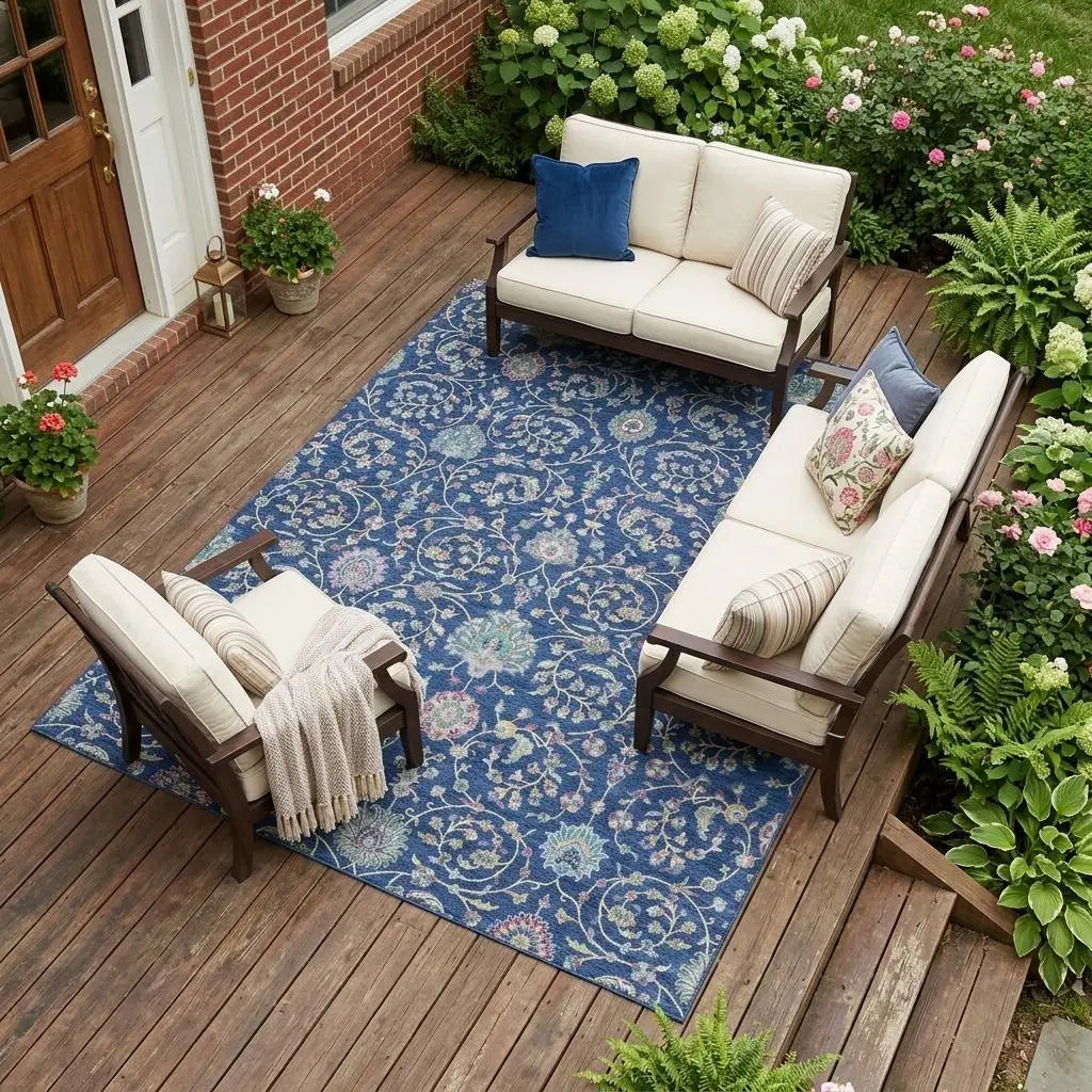 9' X 12' Blue And Gray Floral Washable Indoor Outdoor Area Rug Homeroots Outdoor