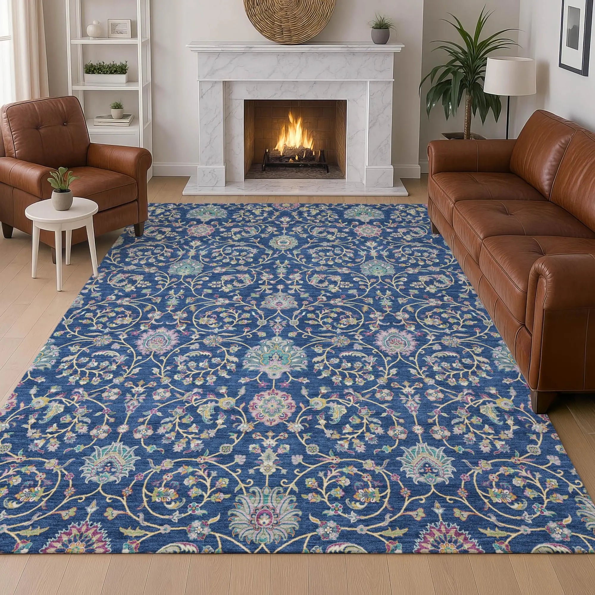 9' X 12' Blue And Gray Floral Washable Indoor Outdoor Area Rug Homeroots Outdoor