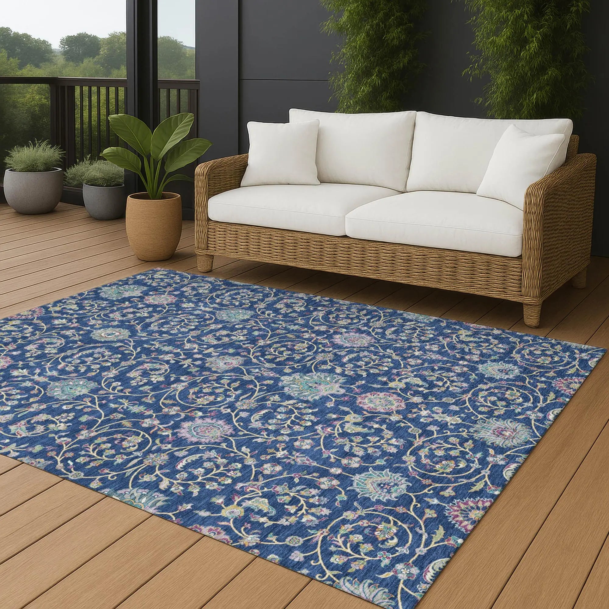 9' X 12' Blue And Gray Floral Washable Indoor Outdoor Area Rug Homeroots Outdoor