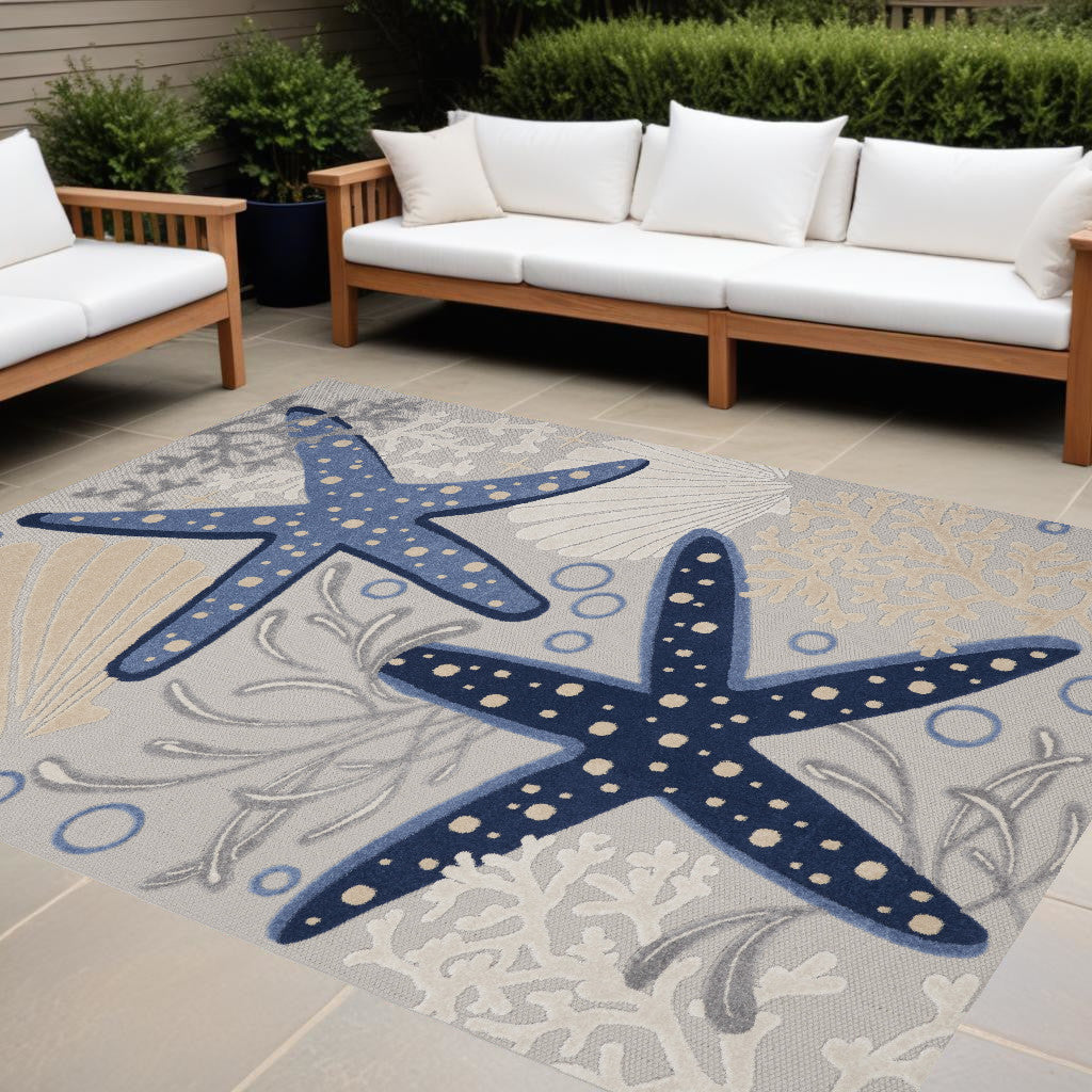 9' X 12' Blue And Gray Starfish Indoor Outdoor Area Rug - GreatEagleInc
