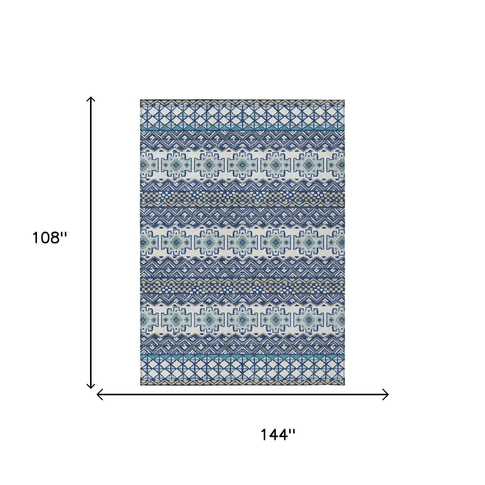 9' X 12' Blue And Gray Striped Washable Indoor Outdoor Area Rug Homeroots Outdoor