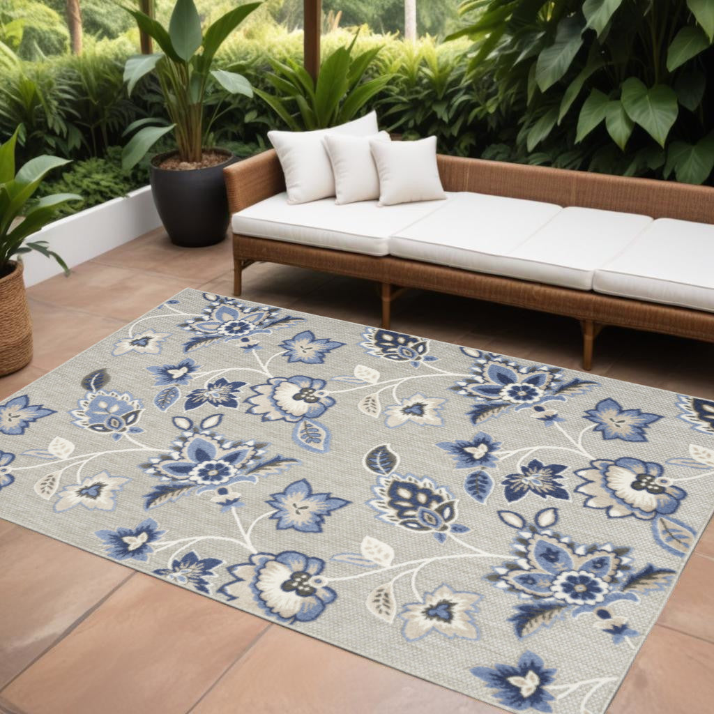 9' X 12' Blue And Grey Floral Stain Resistant Non Skid Area Rug Homeroots Outdoor