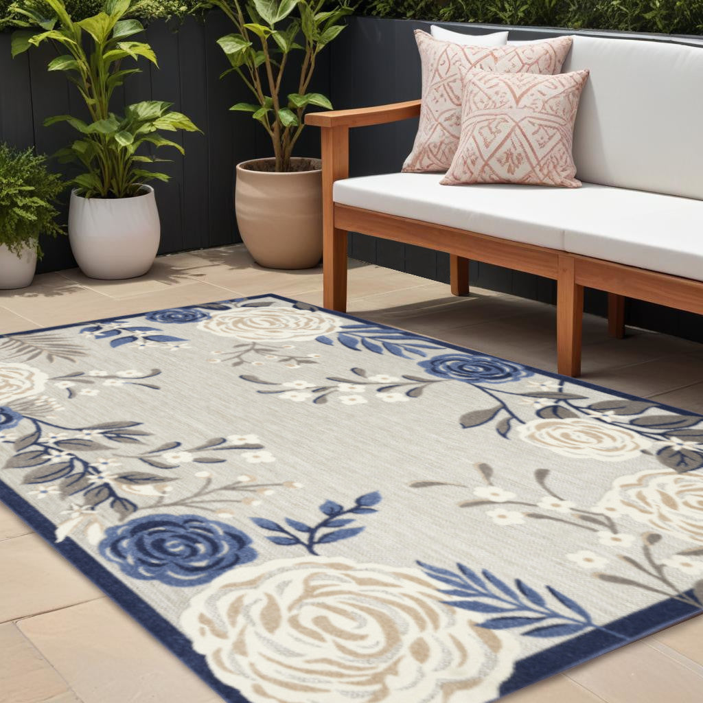 9' X 12' Blue And Grey Floral Stain Resistant Non Skid Area Rug Homeroots Outdoor