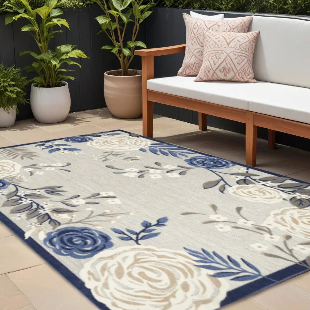 9' X 12' Blue And Grey Floral Stain Resistant Non Skid Area Rug Homeroots Outdoor