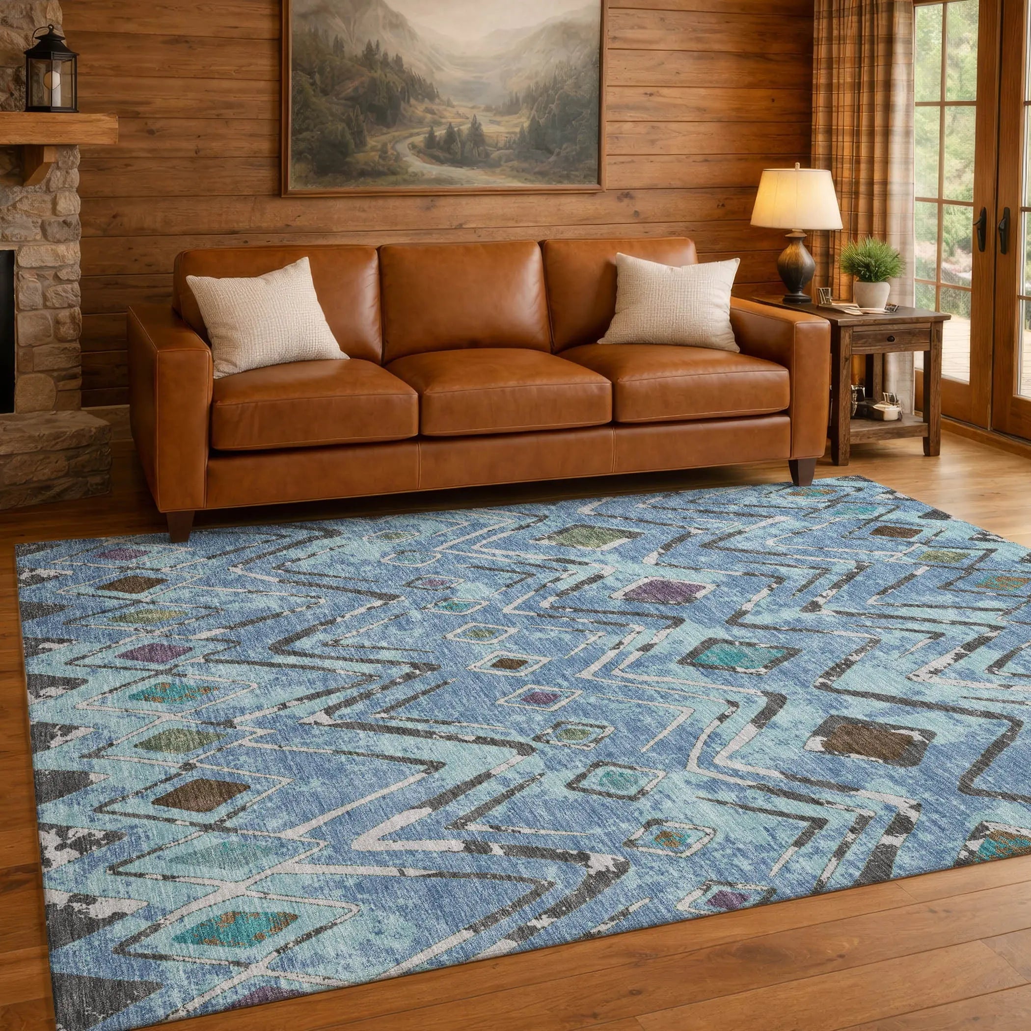 9' X 12' Blue And Khaki Geometric Washable Indoor Outdoor Area Rug Homeroots Outdoor