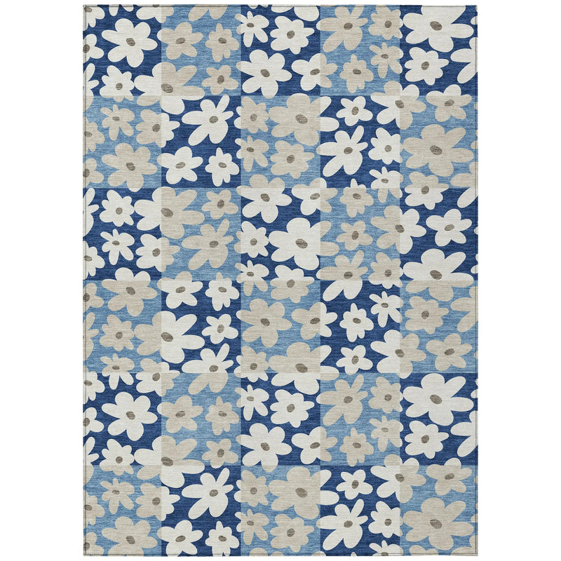 9' X 12' Blue And Navy Blue Floral Washable Indoor Outdoor Area Rug Homeroots Outdoor
