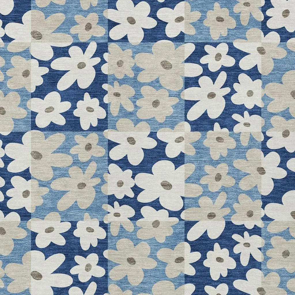 9' X 12' Blue And Navy Blue Floral Washable Indoor Outdoor Area Rug Homeroots Outdoor