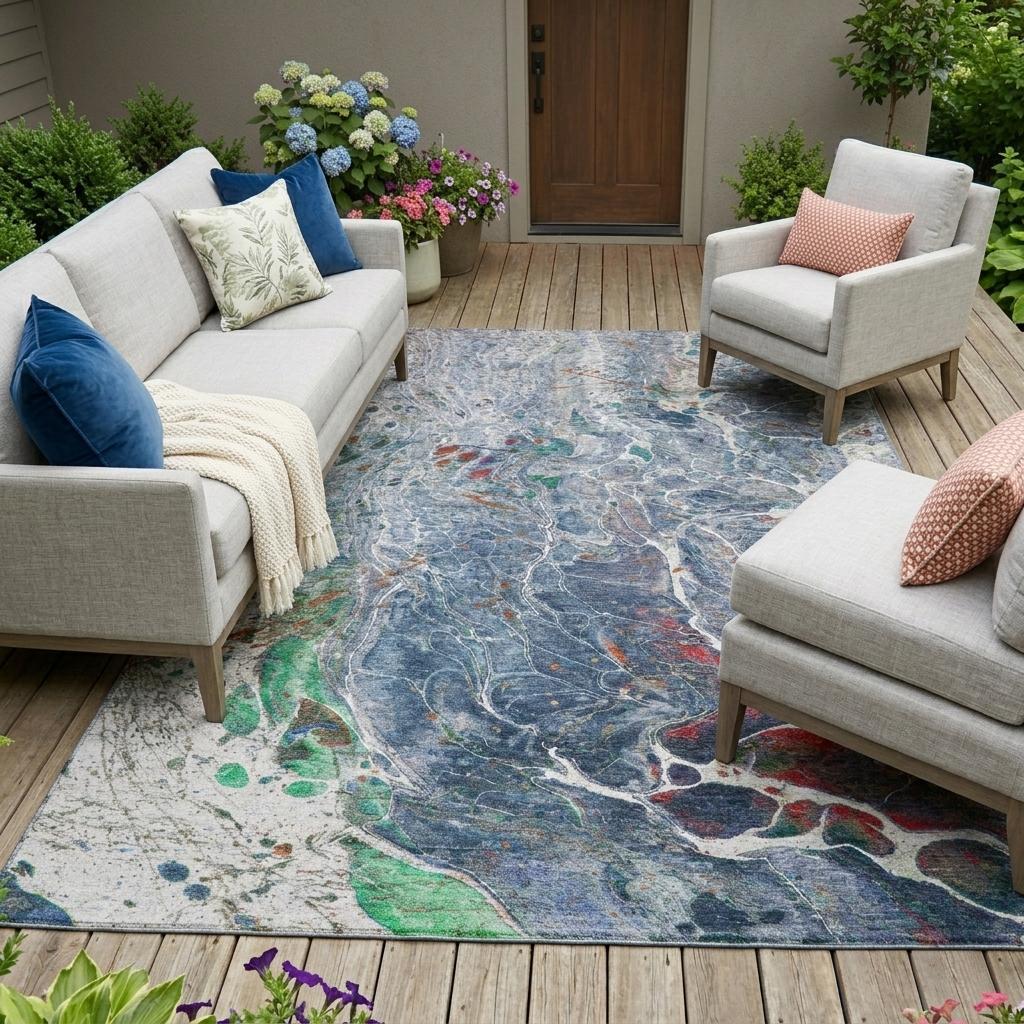 9' X 12' Blue And Pewter Abstract Washable Indoor Outdoor Area Rug Homeroots Outdoor