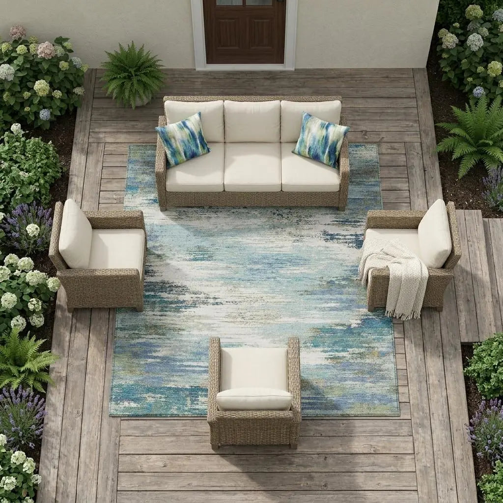 9' X 12' Blue And Pewter Abstract Washable Indoor Outdoor Area Rug Homeroots Outdoor