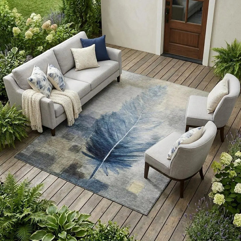 9' X 12' Blue And Pewter Botanical Leaves Washable Indoor Outdoor Area Rug Homeroots Outdoor
