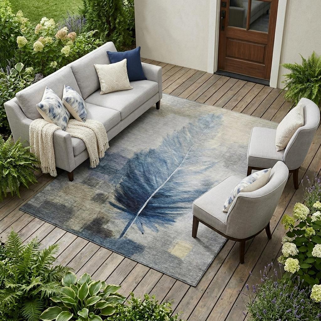 9' X 12' Blue And Pewter Botanical Leaves Washable Indoor Outdoor Area Rug Homeroots Outdoor