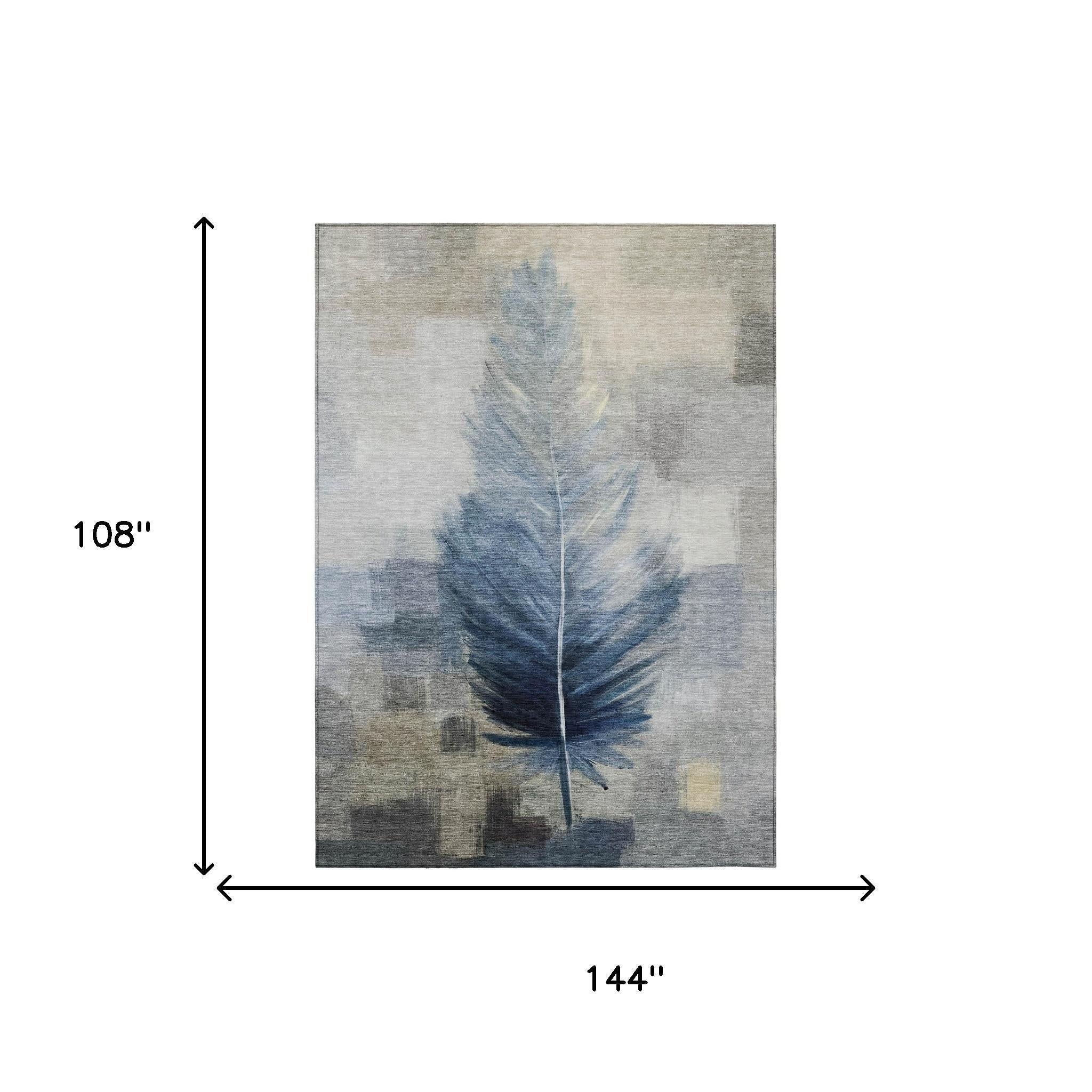 9' X 12' Blue And Pewter Botanical Leaves Washable Indoor Outdoor Area Rug Homeroots Outdoor