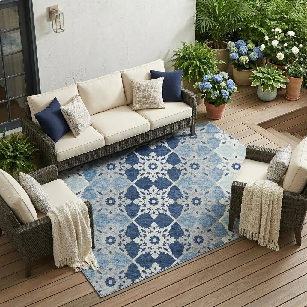 9' X 12' Blue And Pewter Floral Medallion Washable Indoor Outdoor Area Rug Homeroots Outdoor