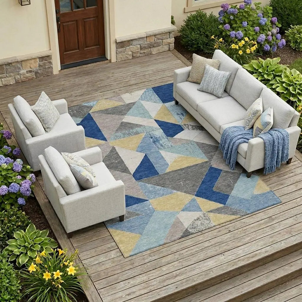 9' X 12' Blue And Silver Geometric Washable Indoor Outdoor Area Rug Homeroots Outdoor