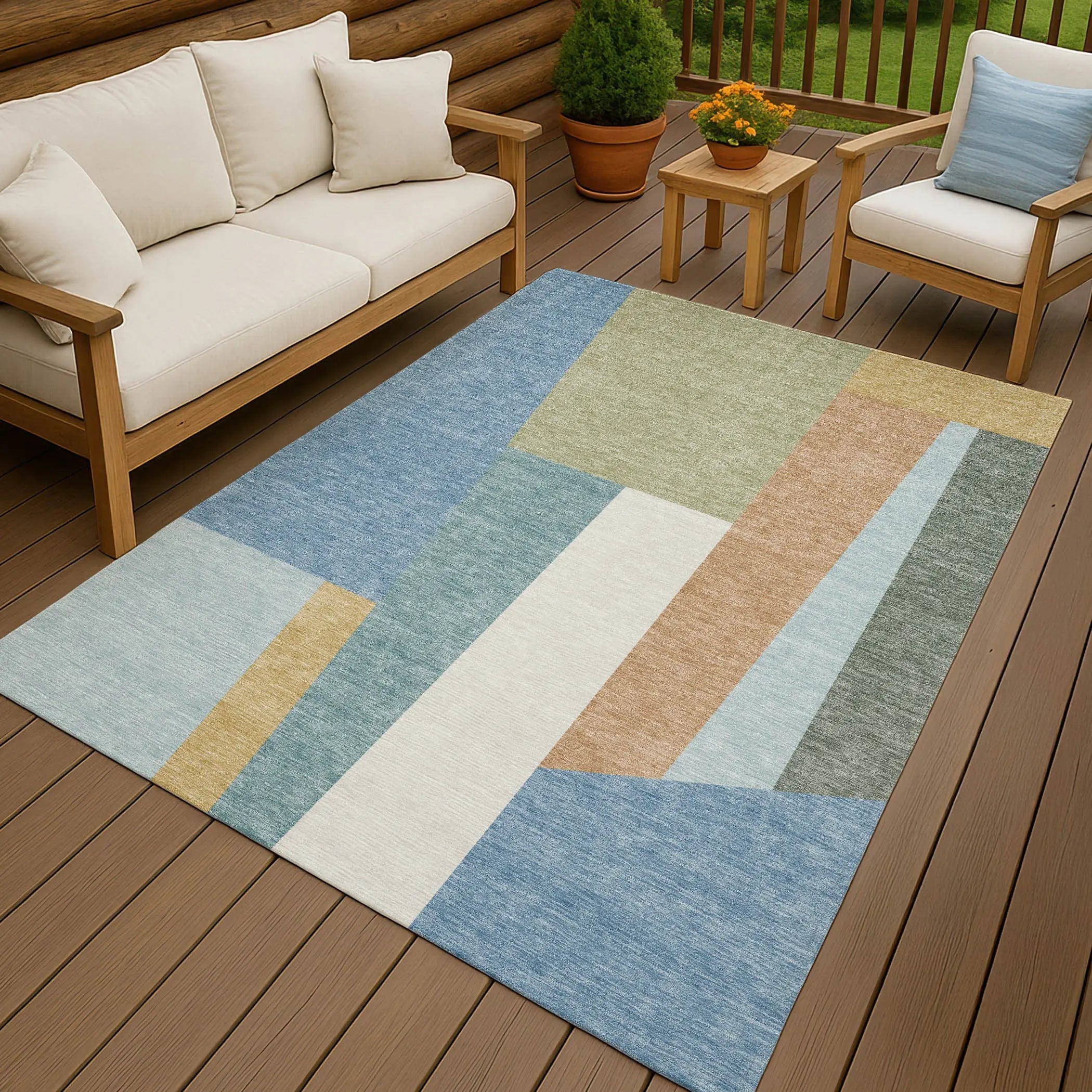 9' X 12' Blue And Teal Blue Geometric Washable Indoor Outdoor Area Rug Homeroots Outdoor