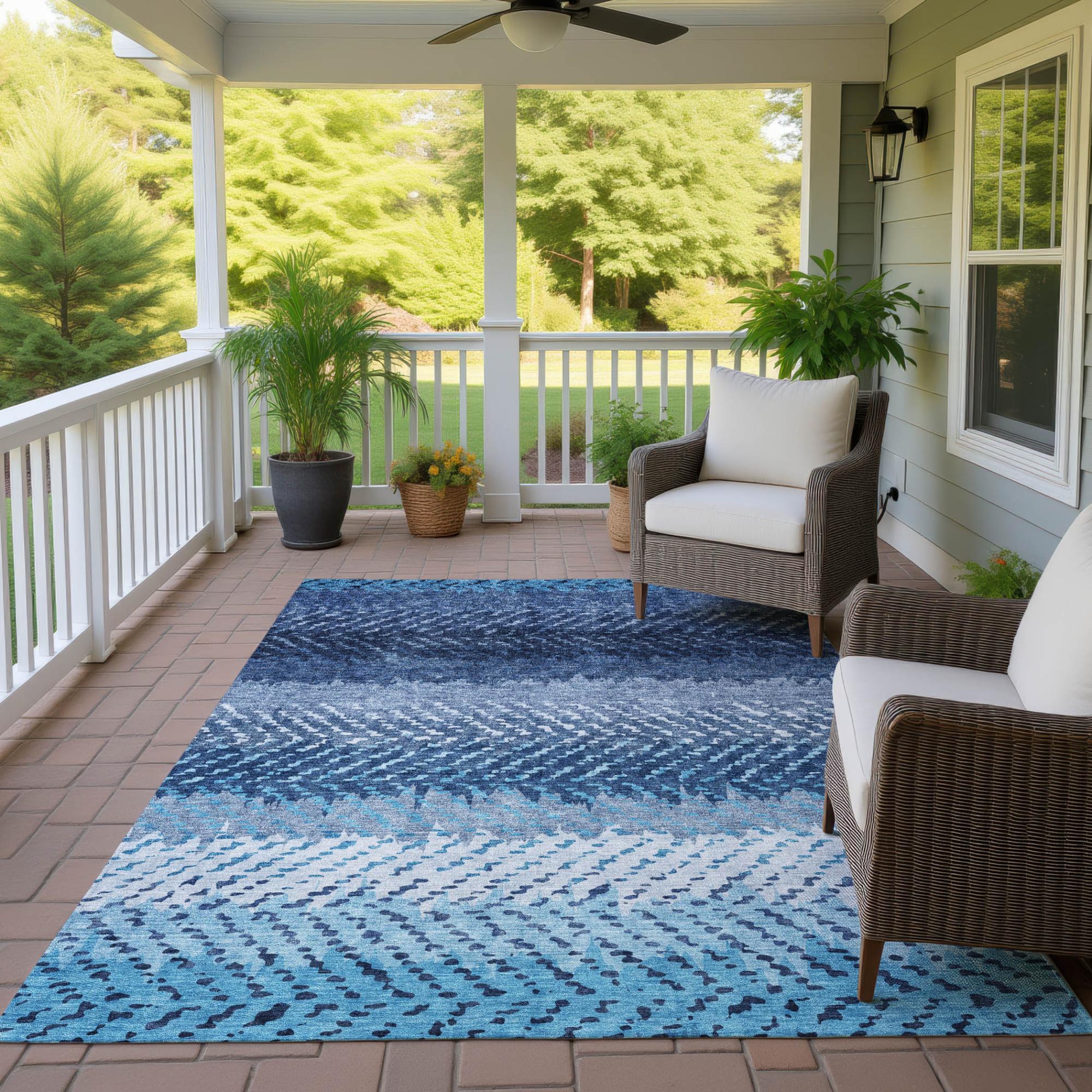 9' X 12' Blue And Teal Blue Striped Washable Indoor Outdoor Area Rug Homeroots Outdoor