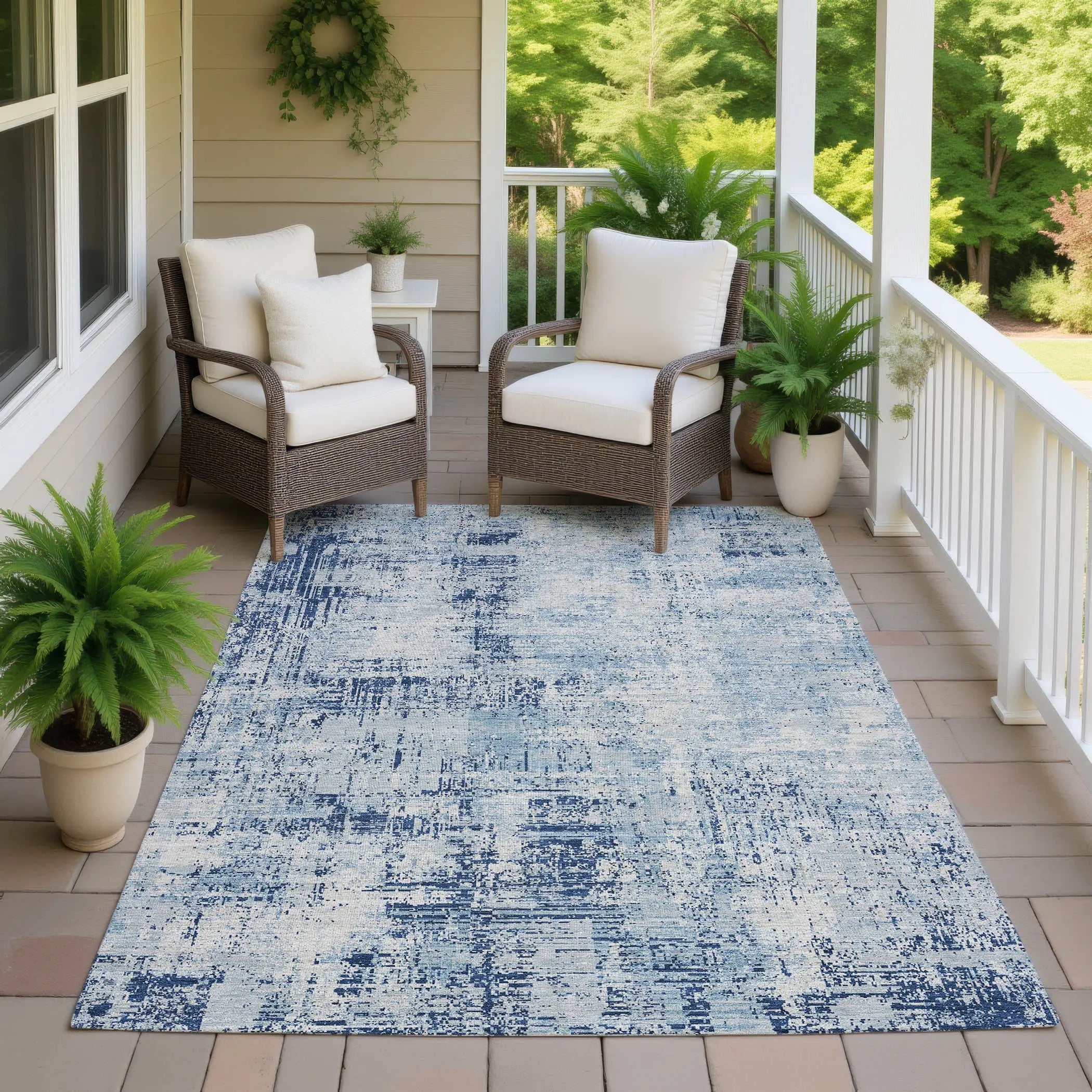 9' X 12' Blue And Wheat Abstract Washable Indoor Outdoor Area Rug Homeroots Outdoor