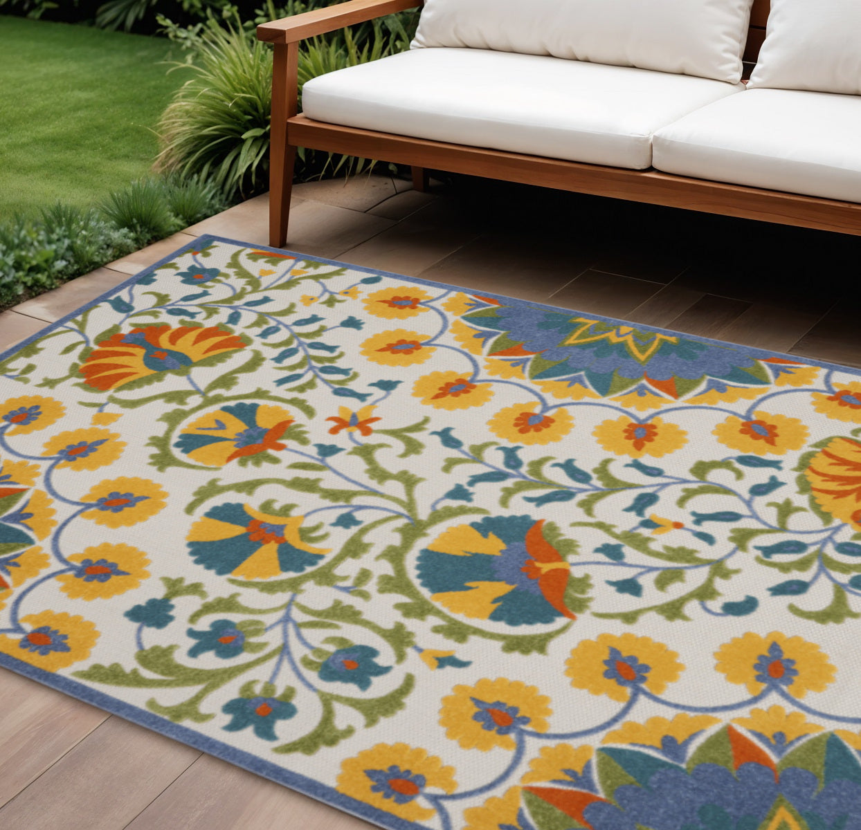 9' X 12' Blue And Yellow Indoor Outdoor Area Rug - GreatEagleInc