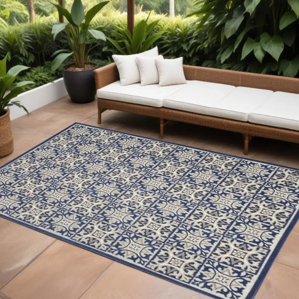 9' X 12' Blue Fleur De Lis Stain Resistant Non Skid Area Rug Homeroots Outdoor