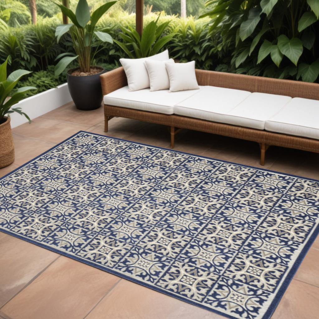 9' X 12' Blue Fleur De Lis Stain Resistant Non Skid Area Rug Homeroots Outdoor