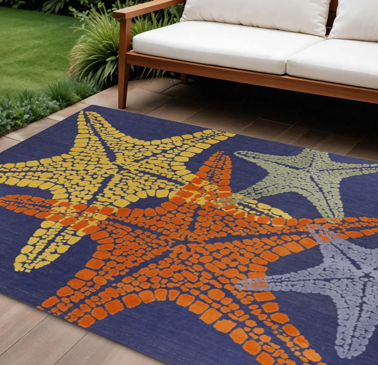 9' X 12' Blue Yellow And Orange Starfish Indoor Outdoor Area Rug Homeroots Outdoor