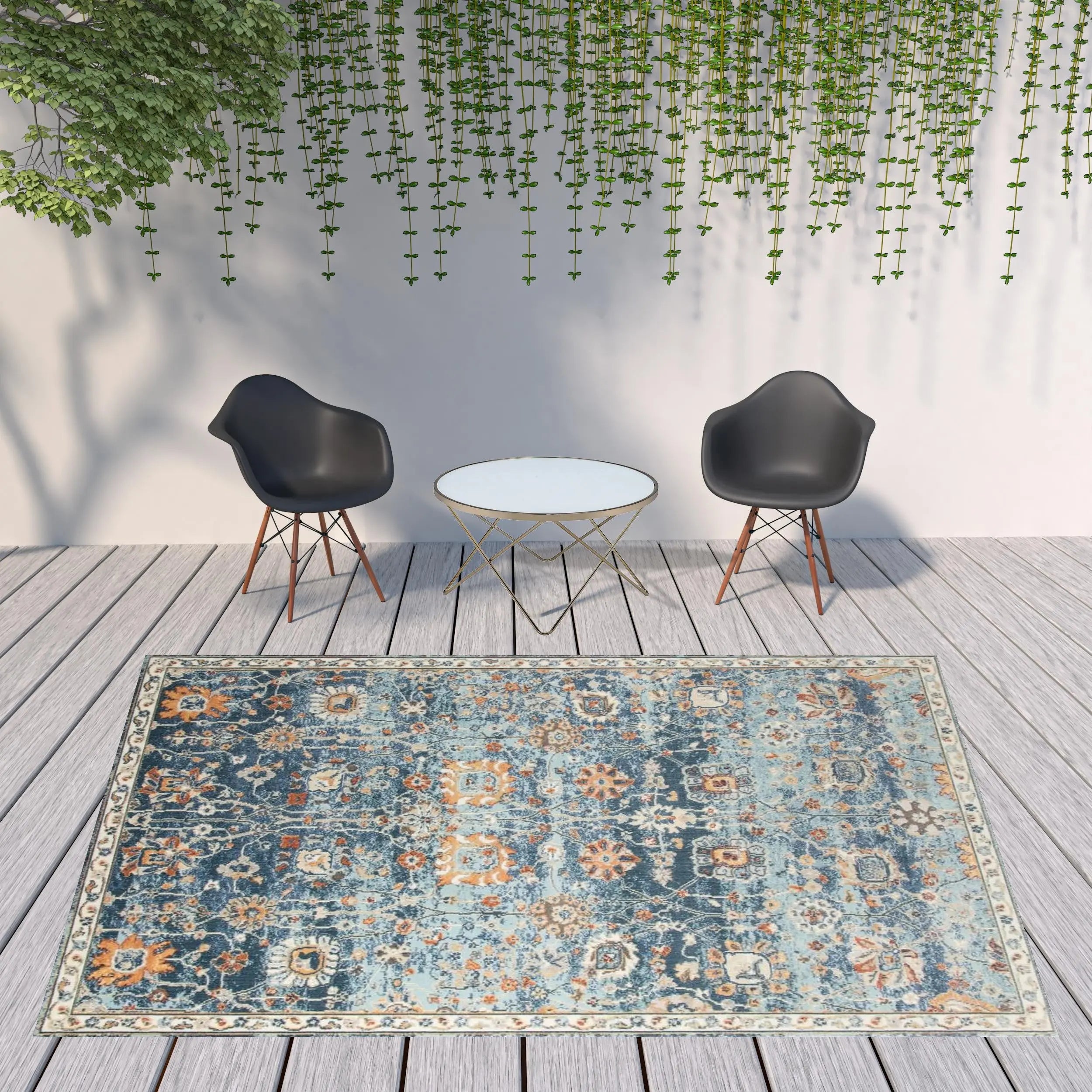 9' X 12' Blue and Orange Floral Stain Resistant Indoor Outdoor Area Rug Homeroots Outdoor
