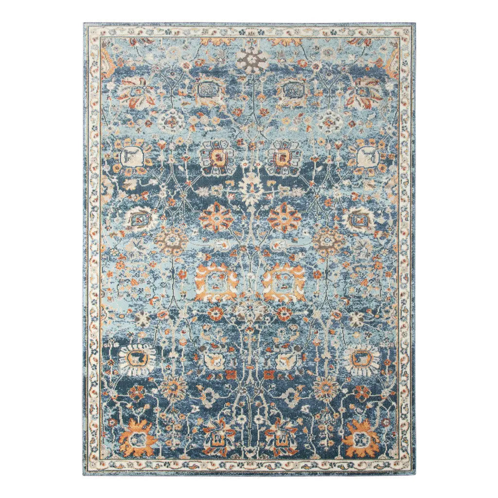 9' X 12' Blue and Orange Floral Stain Resistant Indoor Outdoor Area Rug Homeroots Outdoor