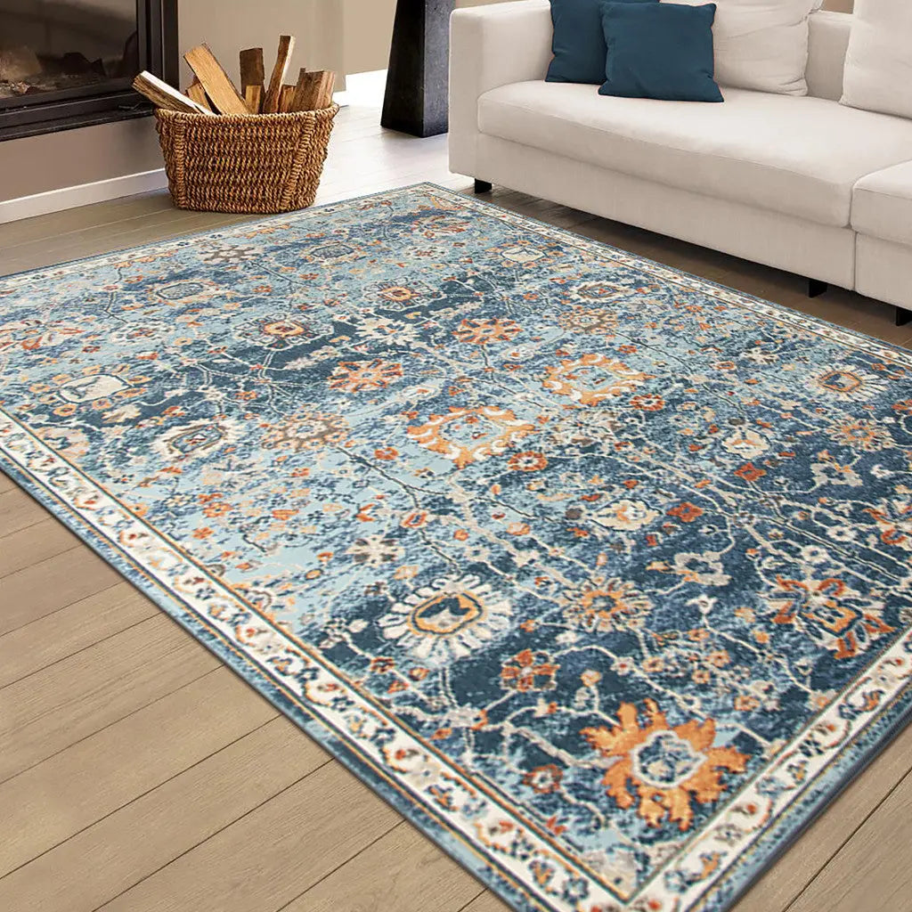 9' X 12' Blue and Orange Floral Stain Resistant Indoor Outdoor Area Rug Homeroots Outdoor