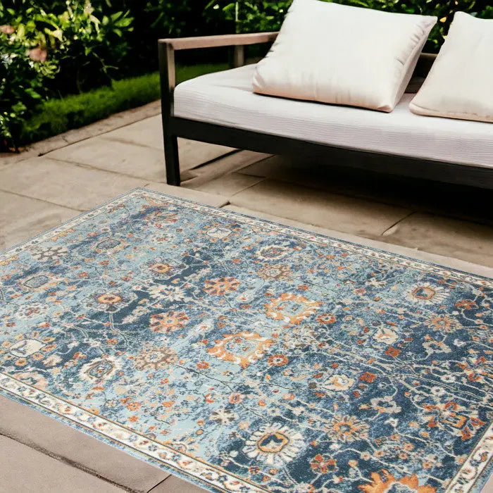 9' X 12' Blue and Orange Floral Stain Resistant Indoor Outdoor Area Rug Homeroots Outdoor