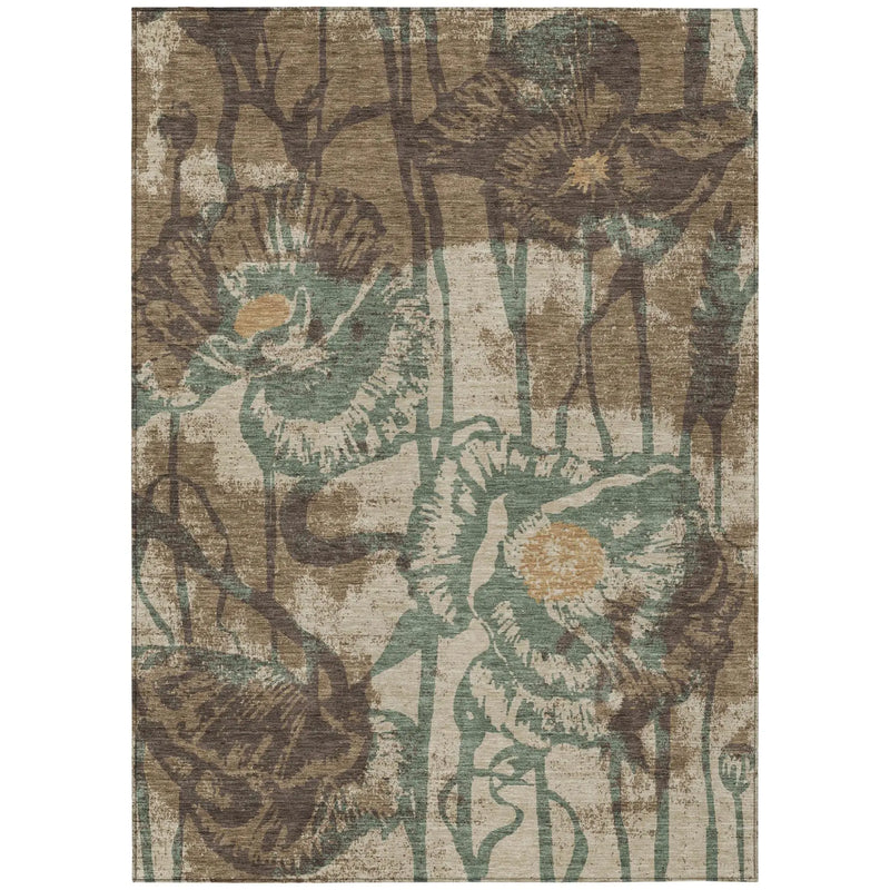 9' X 12' Brown And Beige Floral Washable Indoor Outdoor Area Rug Homeroots Outdoor